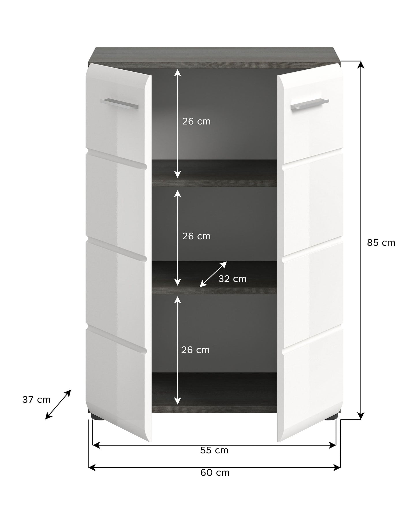 Kommode mit Maßangaben: 60 cm breit, 85 cm hoch, Innenfächer je 26 cm