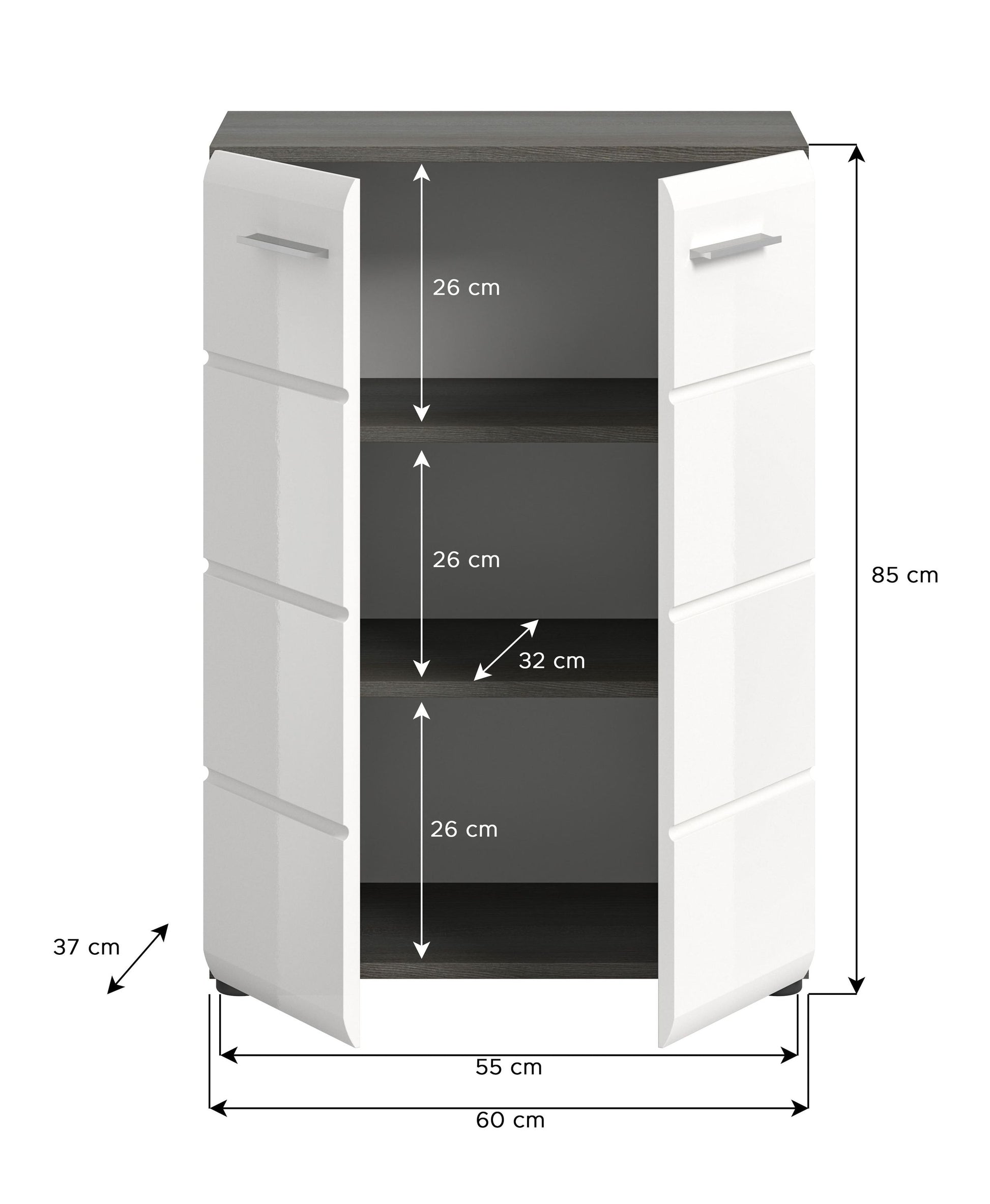 Kommode mit Maßangaben: 60 cm breit, 85 cm hoch, Innenfächer je 26 cm