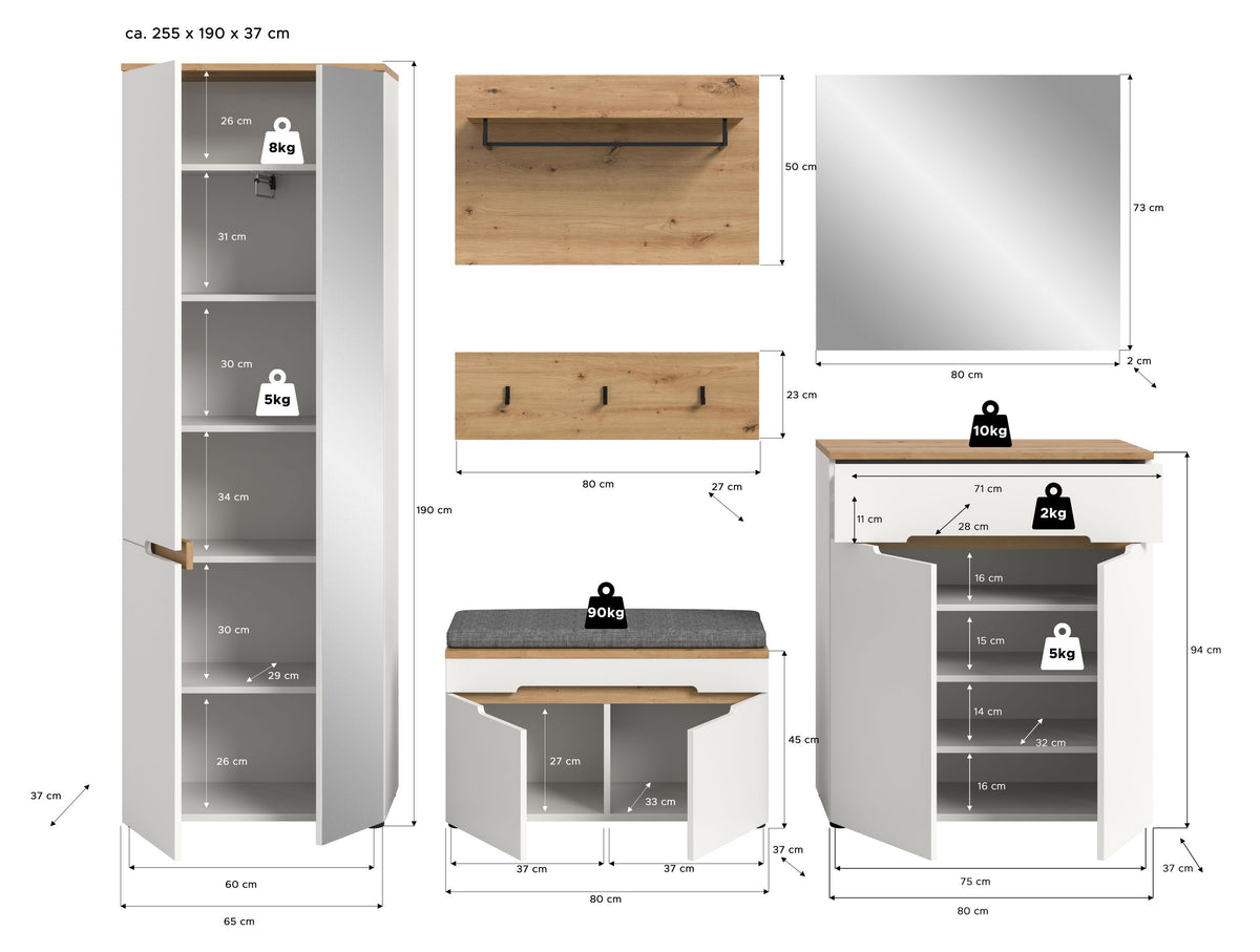 Garderoben-Set mit Maßangaben, Schrank, Ablage, Bank und Fächern