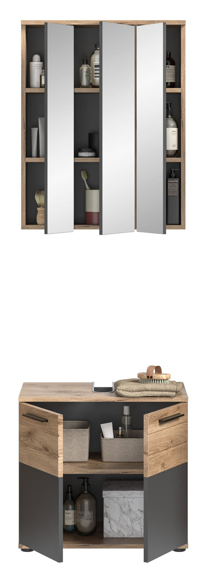 Spiegelschrank mit geöffneten Drehtüren und Innenregalen, Eiche/Anthrazit