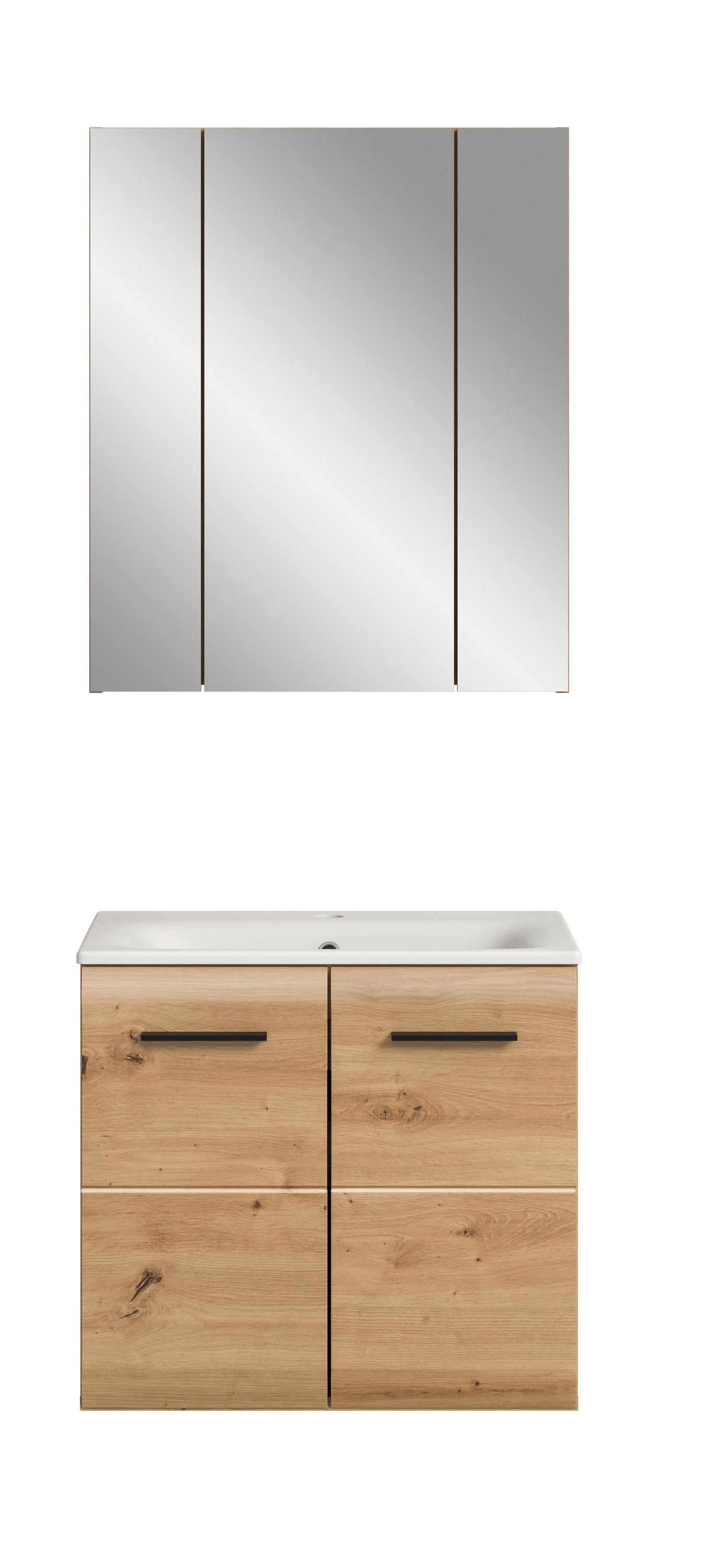 Badmöbel-Set mit dreitürigem Spiegelschrank und Waschtischunterschrank in Eiche