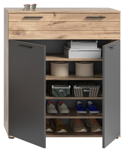 Commode à chaussures MASON (L/H/P : env. 90/104/37 cm) aspect chêne Nox/gris basalte