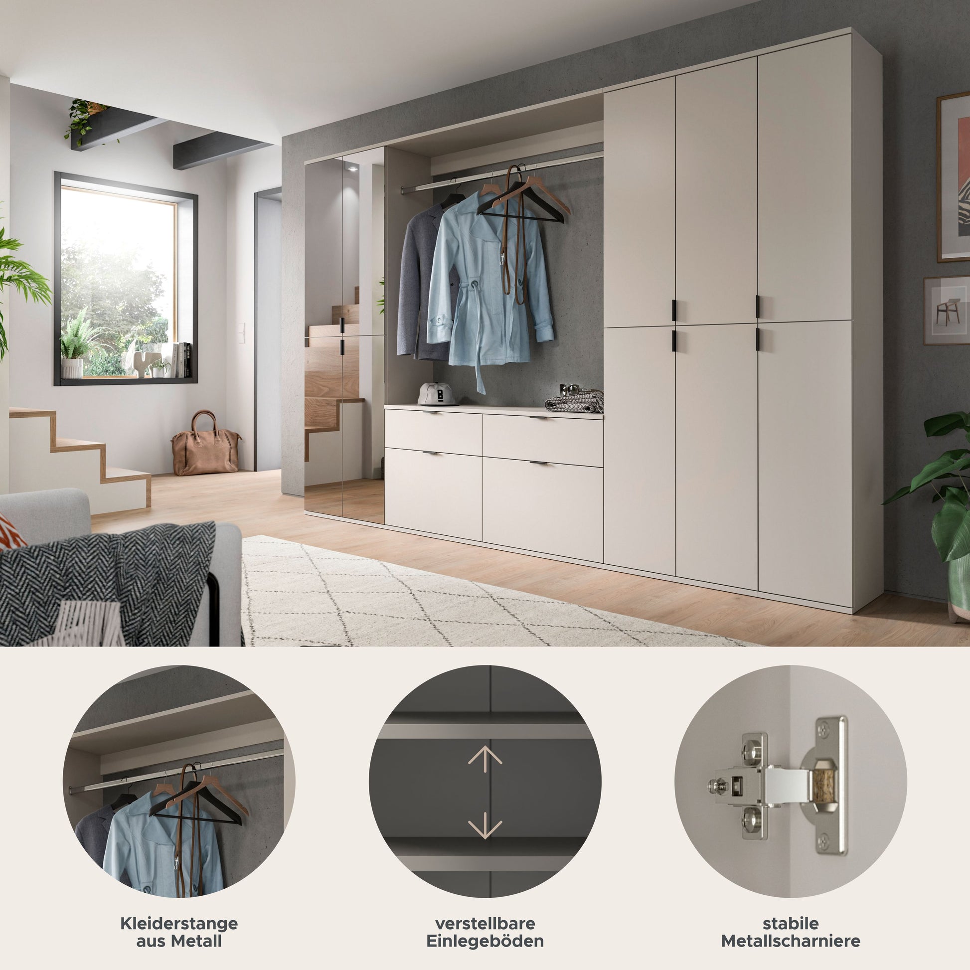 Garderobenschrank-Set mit 4 Türen, weiß und Artisan-Eiche, mit Kleiderstange und Schubladen