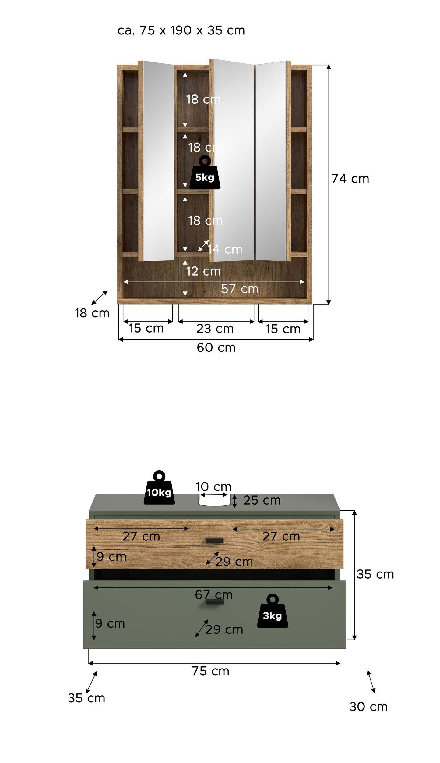 Homes & Jones Badmöbelset 3-tlg. Badmöbelset mit Badspiegelschrank, Badmöbel