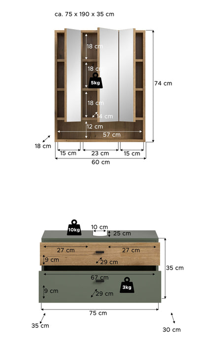Homes & Jones Badmöbelset 3-tlg. Badmöbelset mit Badspiegelschrank, Badmöbel