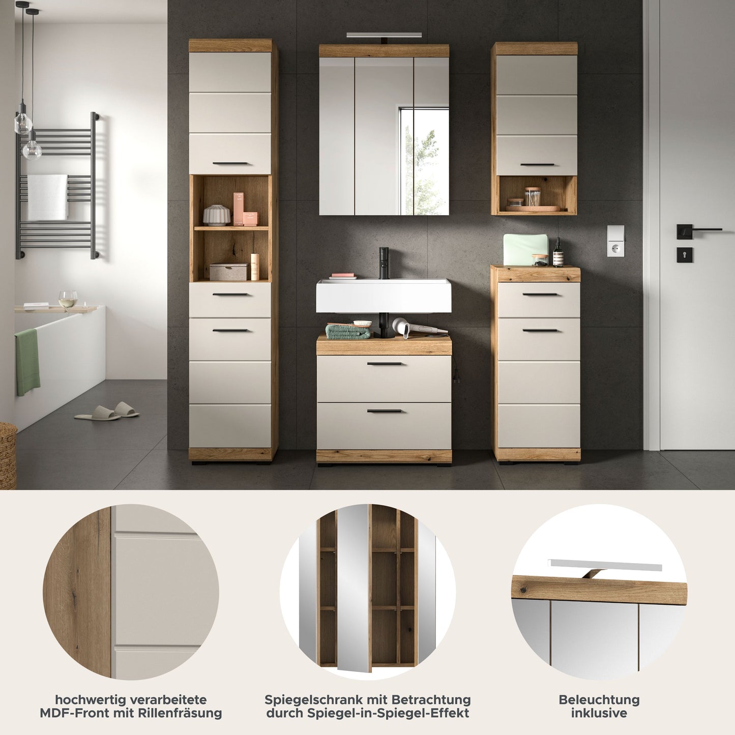 Badezimmerset 5-teilig in Artisan-Eiche-Optik mit Spiegelschrank, Hochschrank und Waschtisch