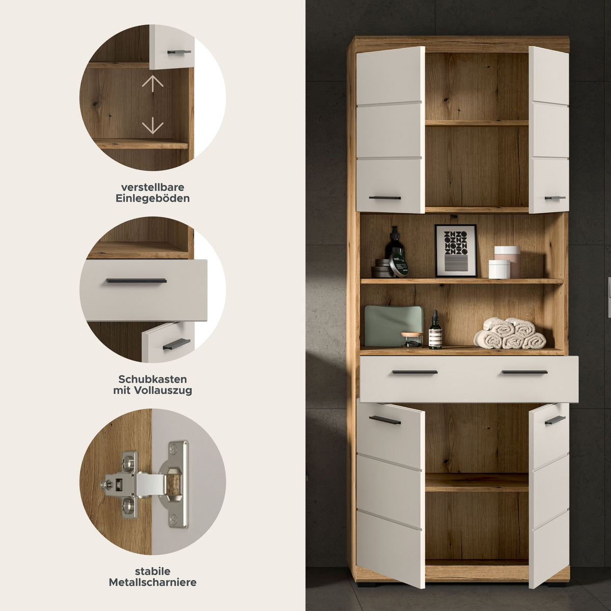 Badhochschrank mit offenen Fächern, Holzoptik und weißen Türen, Schubfächer