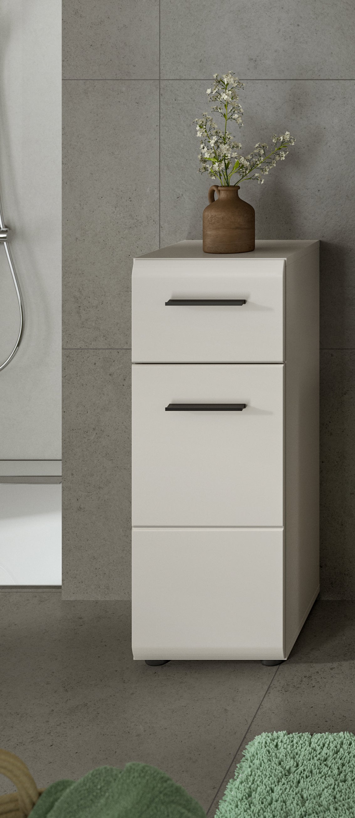 Schmaler Badezimmerschrank weiß mit zwei Schubladen und Griffleisten.