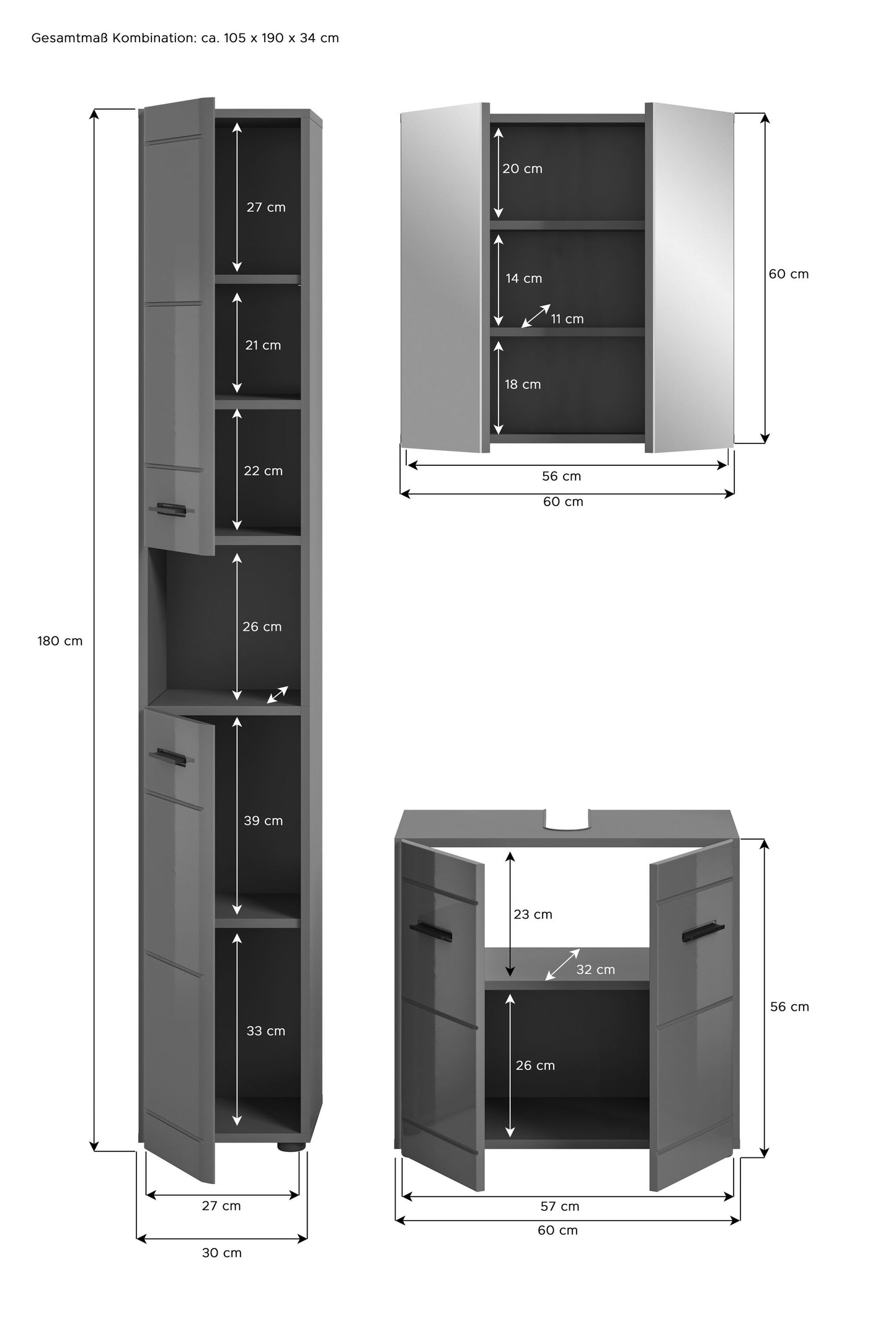 Badmöbel-Set mit Maßangaben für Hochschrank, Spiegelschrank und Waschtisch-Unterschrank