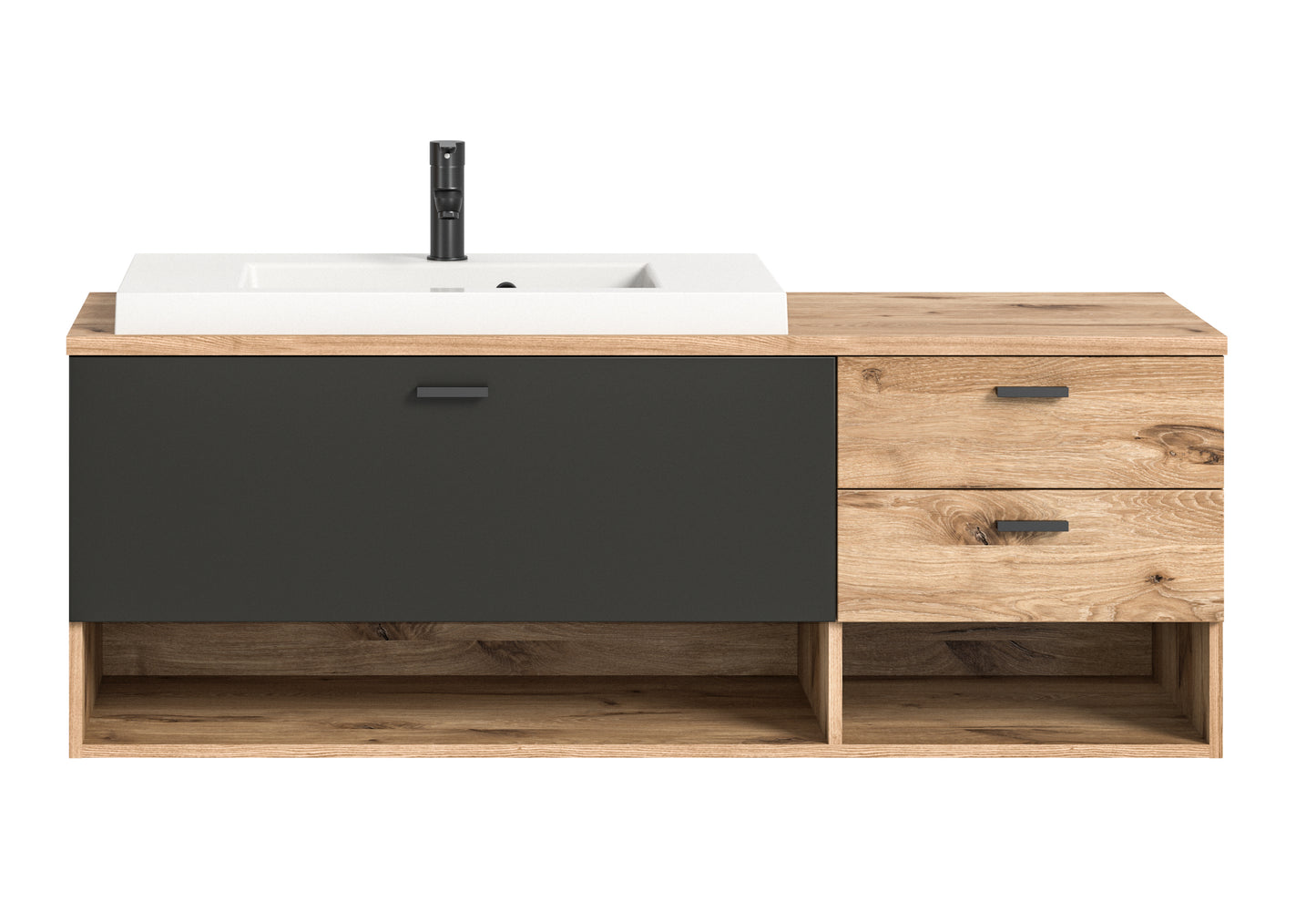 Bad-Waschtischmöbel mit weißem Waschbecken, grauer Front, Holz-Optik, offene Fächer