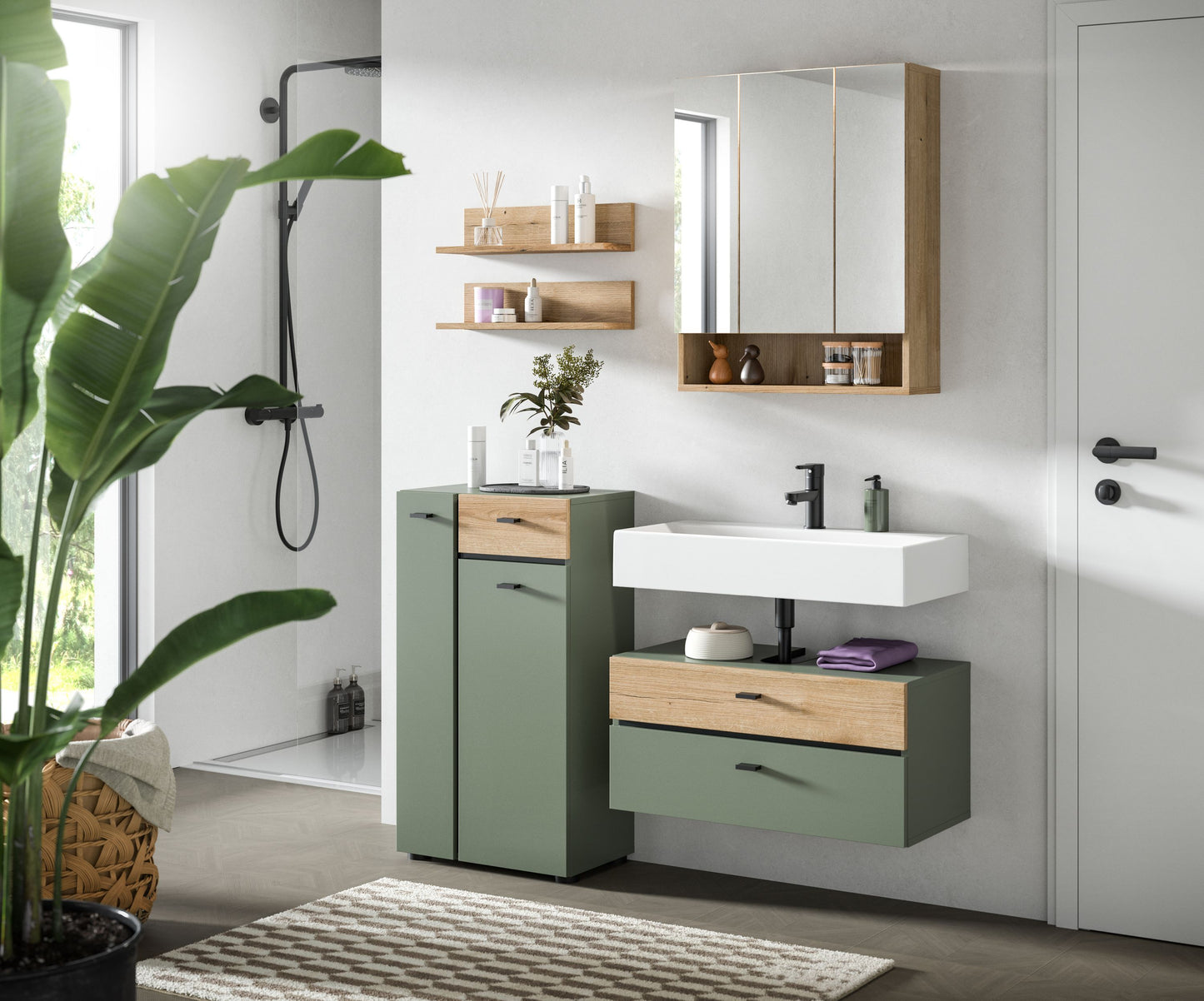 Ensemble de salle de bain AQUA (L/H/P : env. 141/191/35 cm) en vert sauge/vert sauge