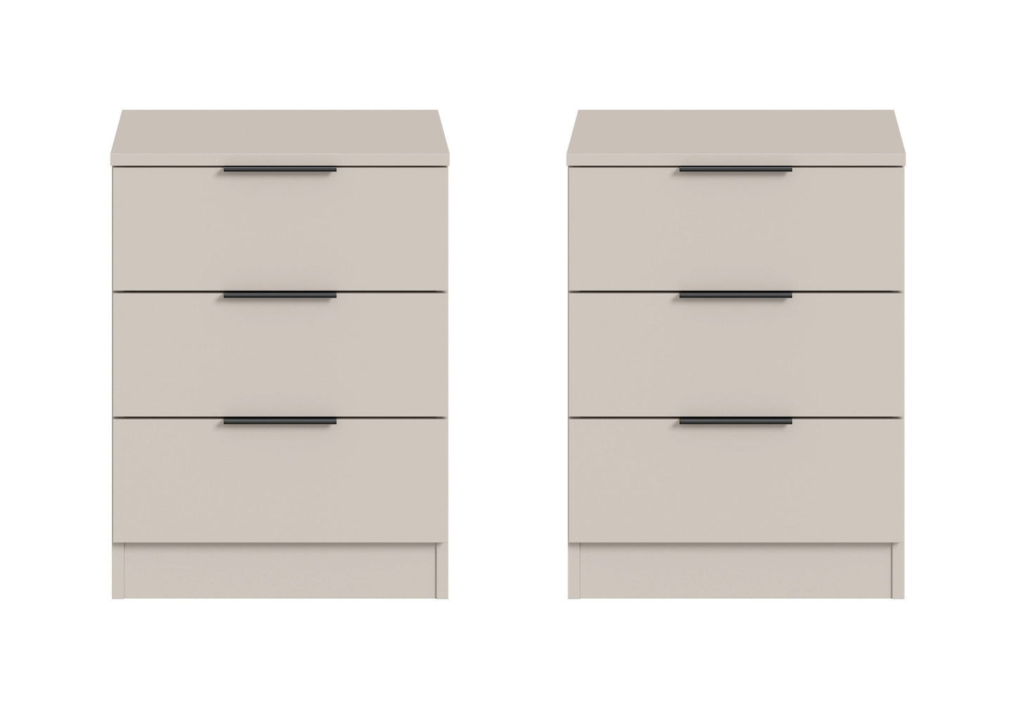 Beige Nachtkommode mit drei Schubladen und Metallgriffen, links und rechts.
