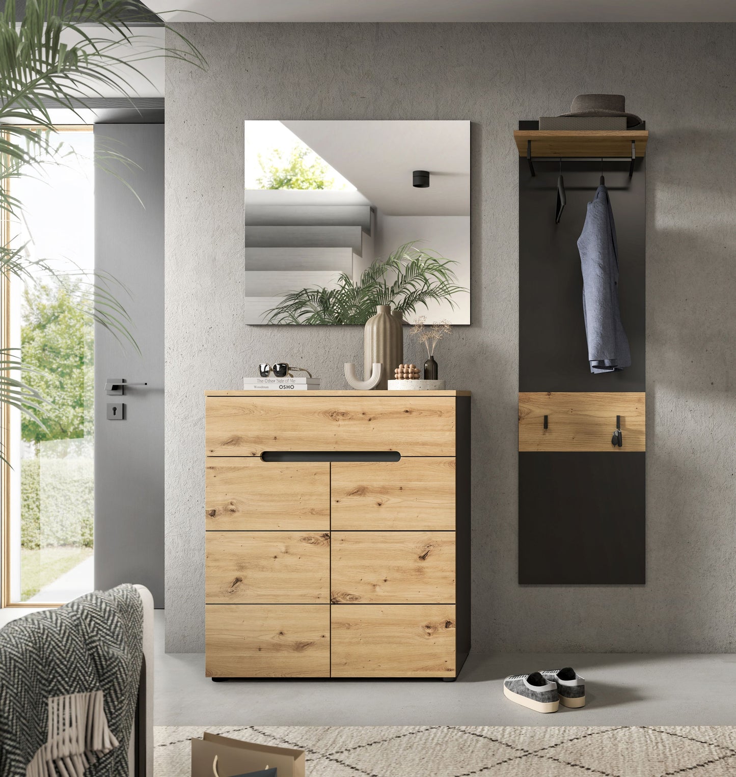 Ensemble de vestiaire CANU (L/H/P : env. 140/190/37 cm) en gris basalte/vert fumée