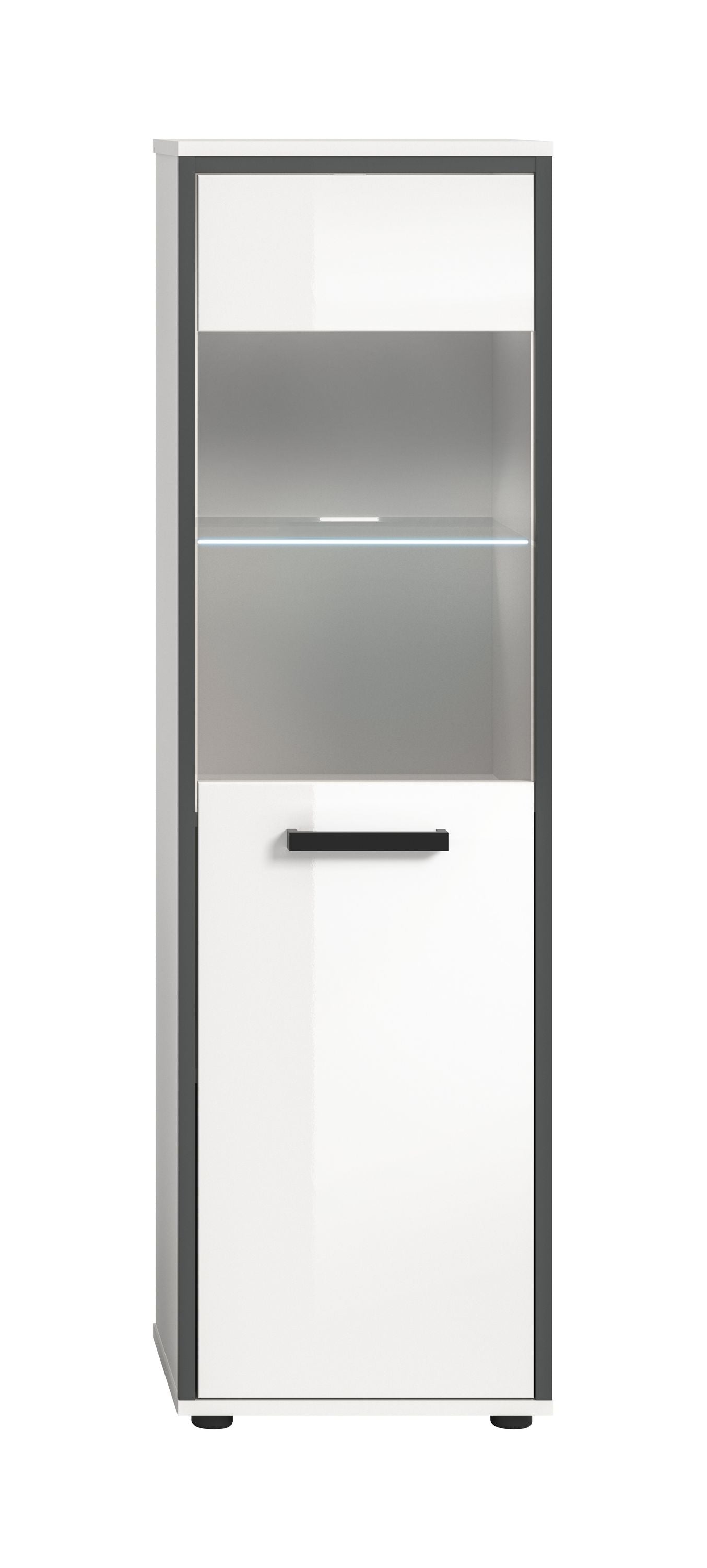 Badkommode mit weißer Front, Innenfächer mit LED-Leiste, Tür mit Quergriff