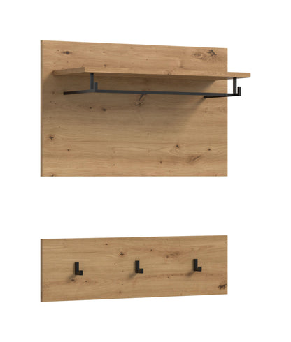 Garderobenwand mit Hutablage und drei Kleiderhaken, Holzoptik, schwarze Haken