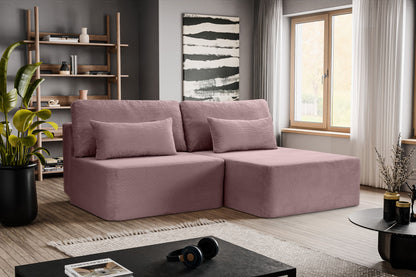 Schlafsofa in Altrosa mit Cordstruktur, zwei Rückenkissen und ausklappbarer Schlaffunktion