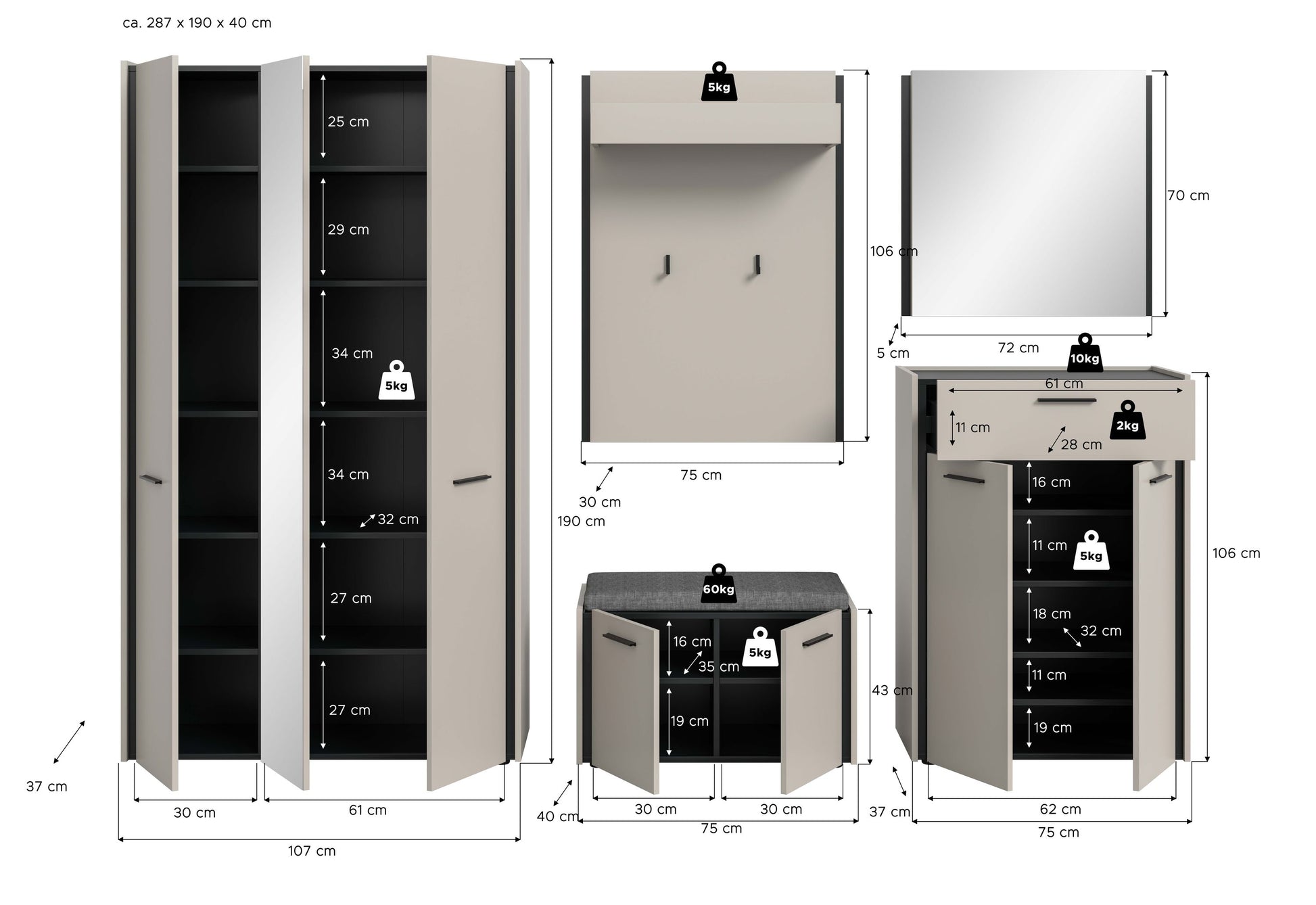 Garderoben-Set 5-tlg. als Maßskizze: Schrank, Spiegel, Schuhbank und Kommode