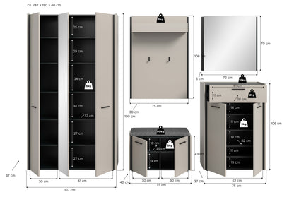 Garderoben-Set 5-tlg. als Maßskizze: Schrank, Spiegel, Schuhbank und Kommode