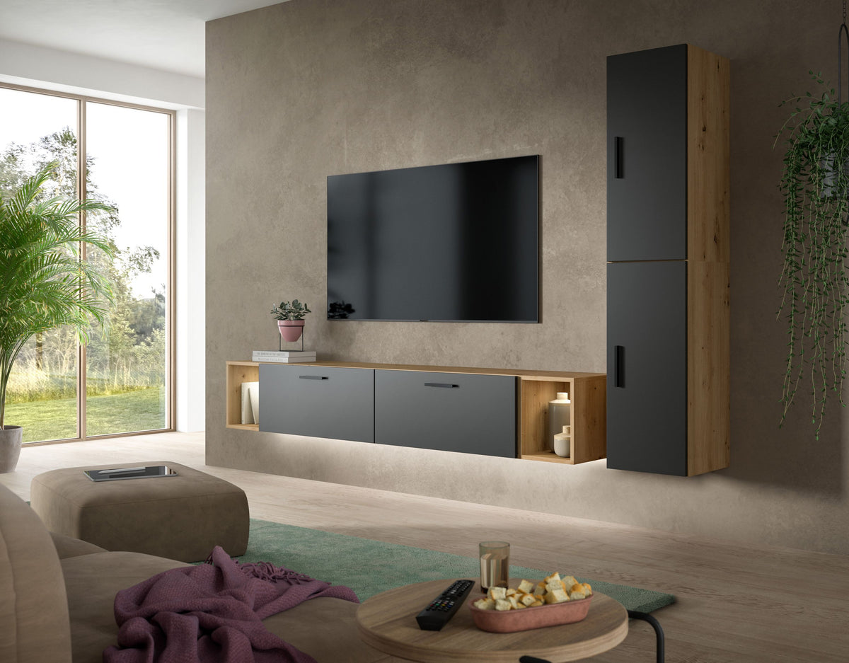 Wohnwand mit TV-Bank: Lowboard mit zwei Türen, brauner Holzoptik und integrierter Beleuchtung