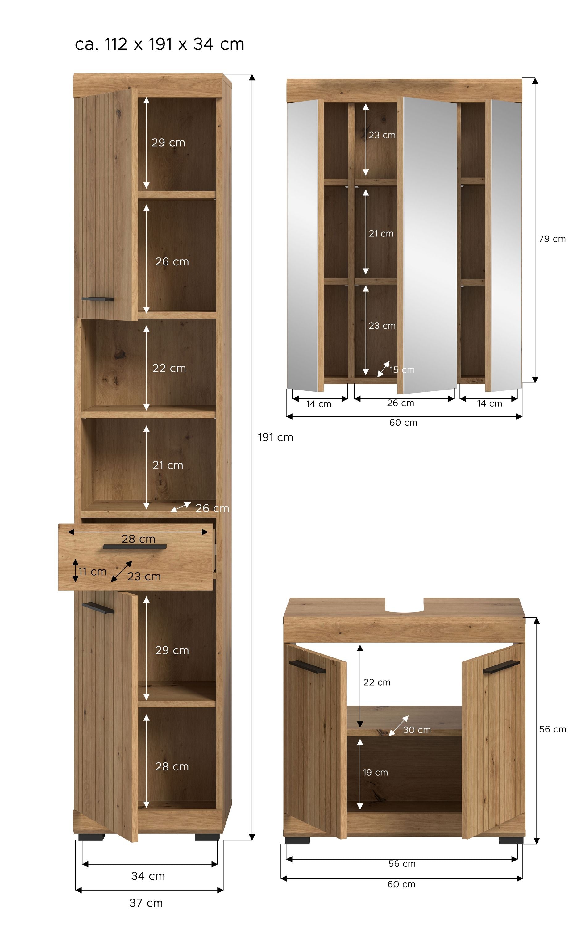 Badezimmerset 3-tlg. mit Maßangaben: Hochschrank, Spiegelschrank und Unterschrank in Holzoptik