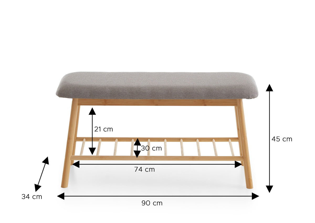 Shoe Bench Skandi with Solid Wood Frame & Grey Upholstered Seat
