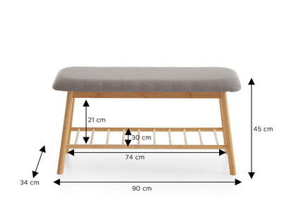 Shoe Bench Skandi with Solid Wood Frame & Grey Upholstered Seat