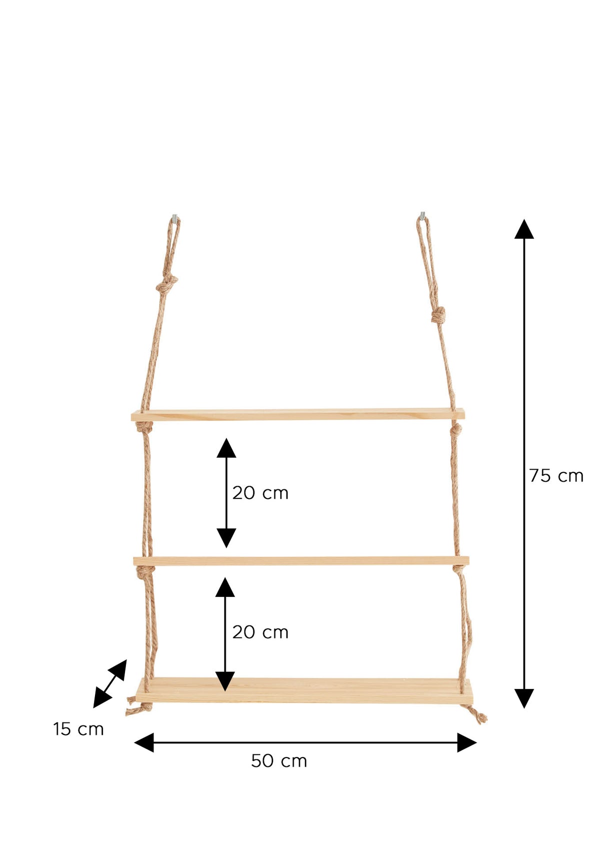 Homes & Jones Hängeregal Massivholz mit 3 Böden aus Massivholz & Seilaufhängung