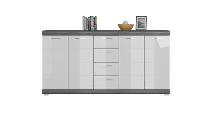 Commode SCOUT (L/H/P : env. 165/85/37 cm) en imitation argent fumé/blanc brillant