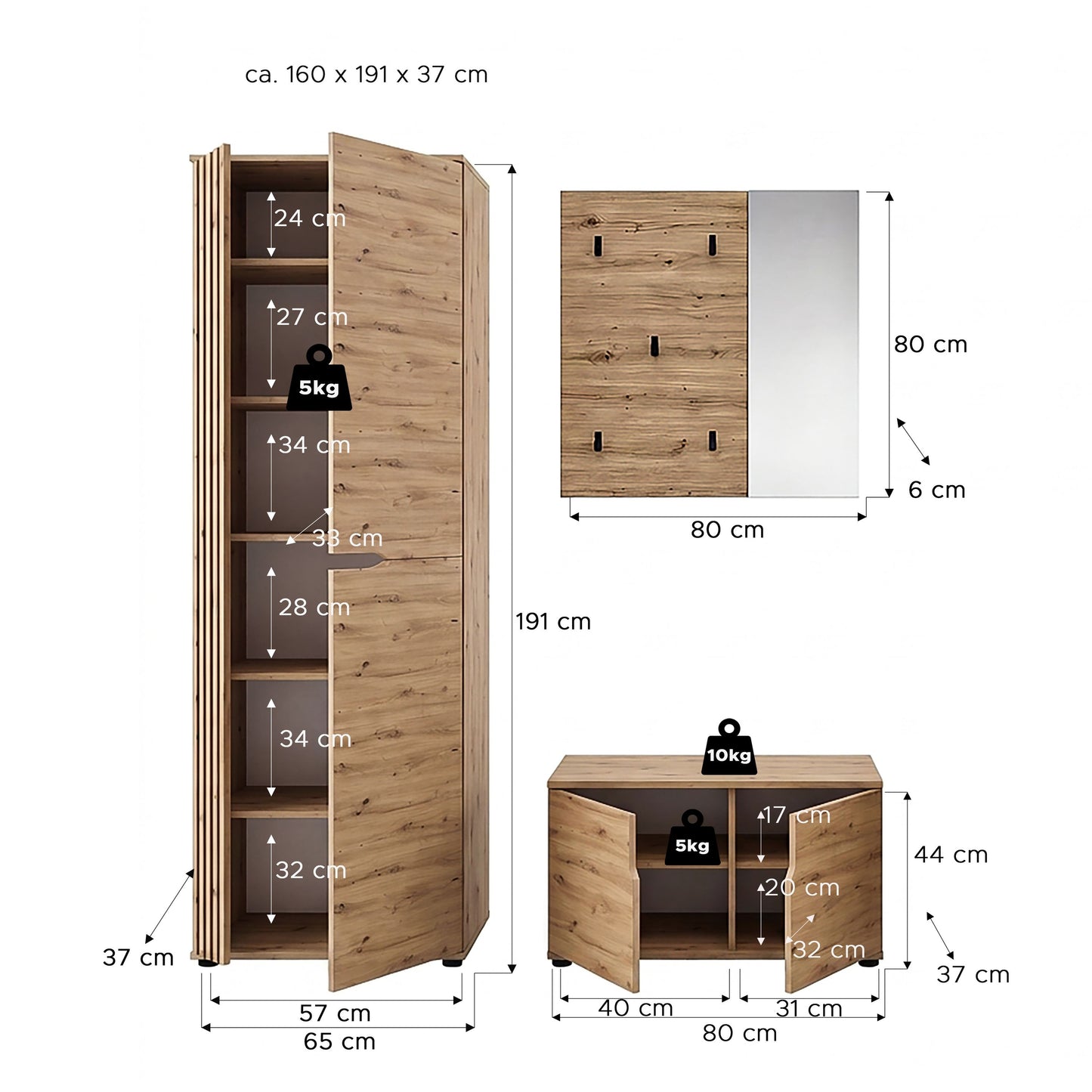 Keno Garderobenkombination (B/H/T: 160x191x37 cm) in Artisan Eiche Nachbildung