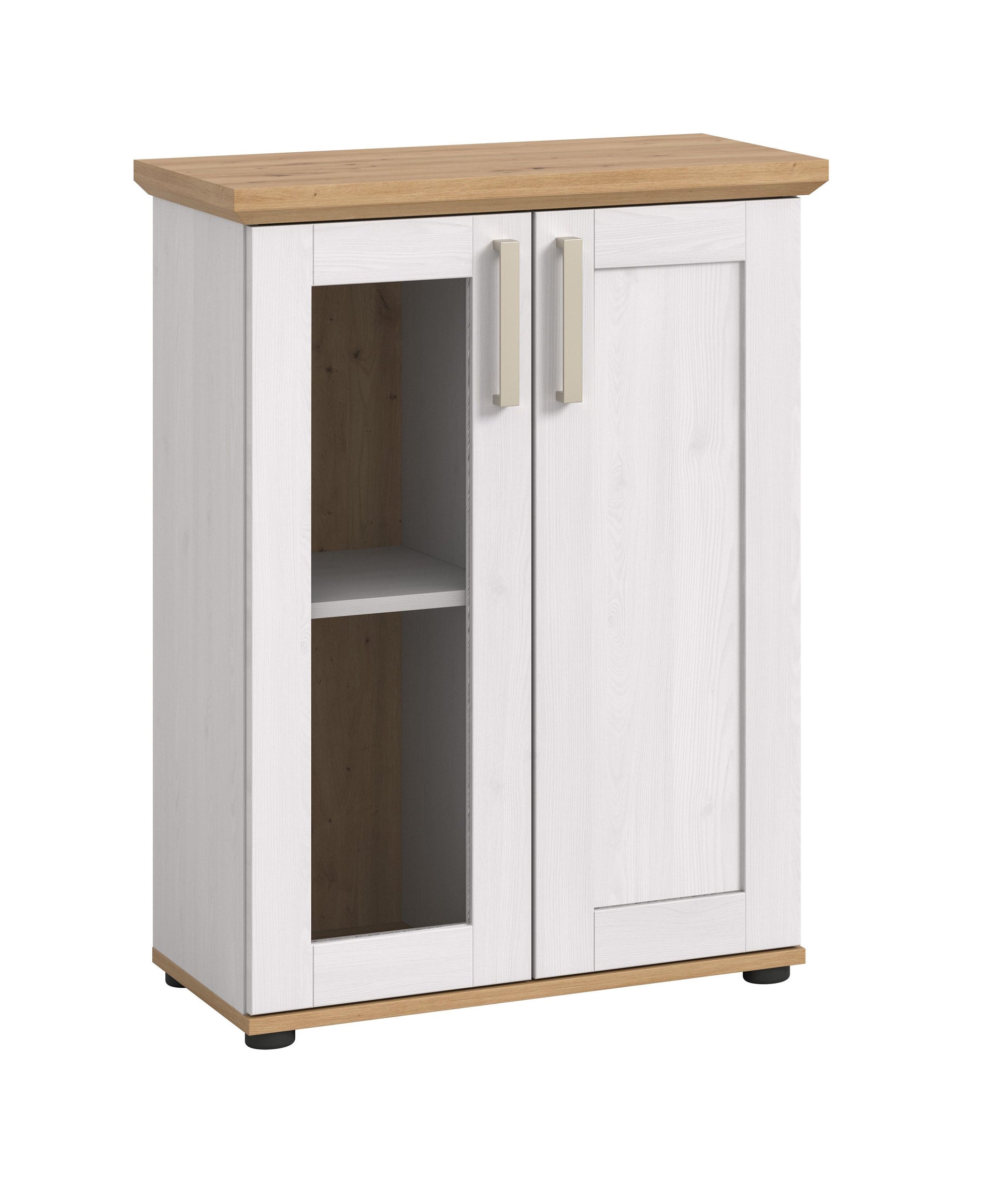 Schrankvitrine im Landhausstil, weiße Front, sichtbares Innenfach und Regaleinlegeboden