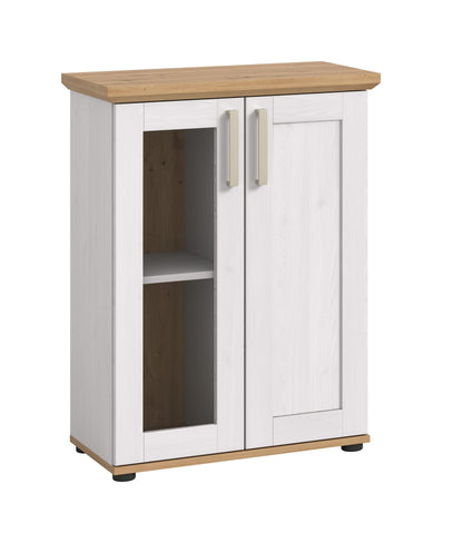 Schrankvitrine im Landhausstil, weiße Front, sichtbares Innenfach und Regaleinlegeboden