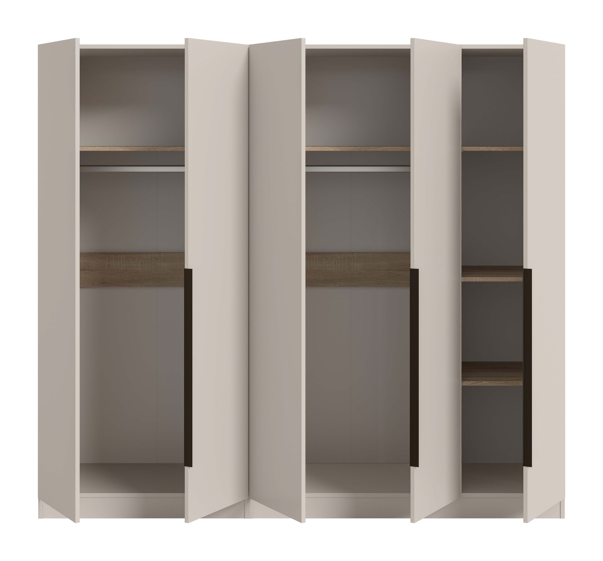 Kleiderschrank in Hellbeige, Türen geöffnet mit sichtbaren Fächern und Einlegeböden