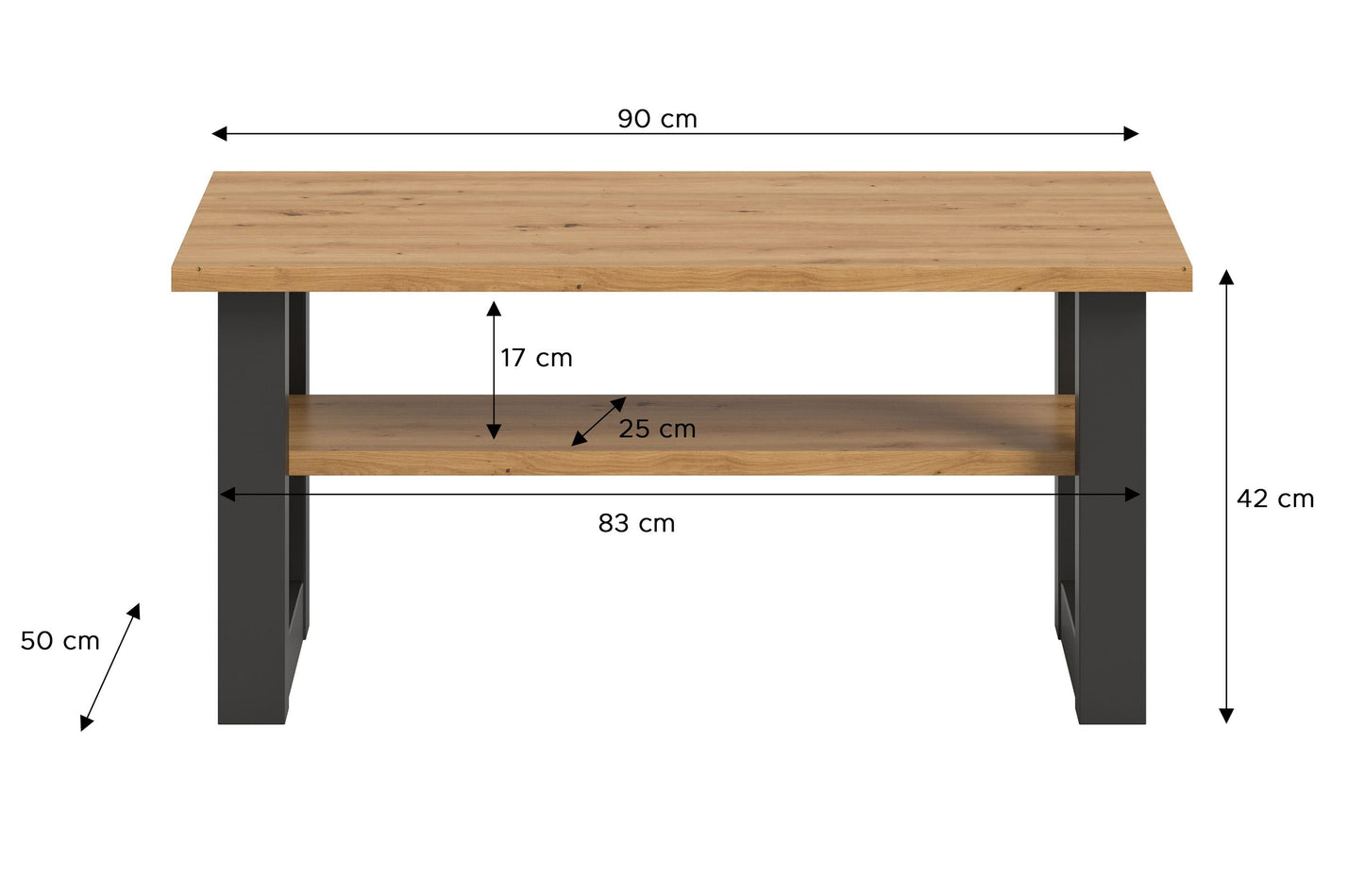Couchtisch 90 cm breit, Eiche-Artisan-Platte, schwarzes Gestell mit Ablage