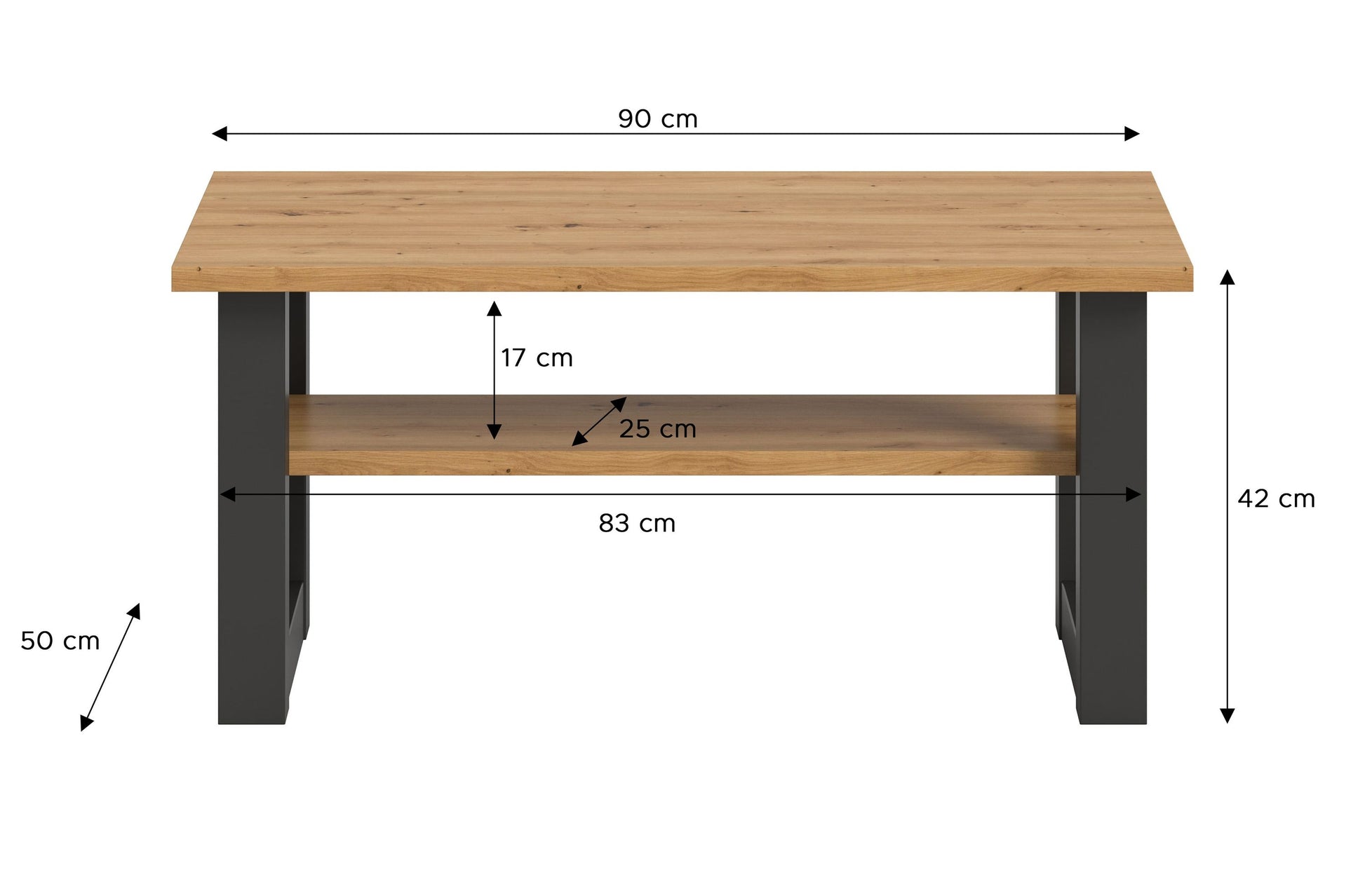 Couchtisch 90 cm breit, Eiche-Artisan-Platte, schwarzes Gestell mit Ablage