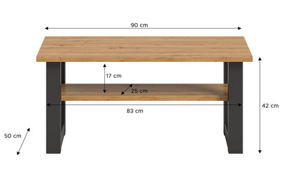 Couchtisch 90 cm breit, Eiche-Artisan-Platte, schwarzes Gestell mit Ablage