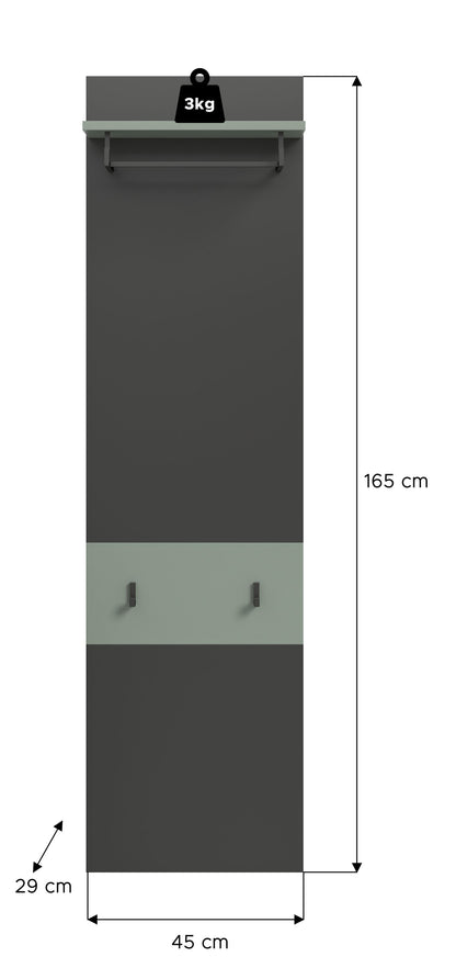 Garderobenpaneel 45×165 cm mit Hutablage, Ablagefach und zwei Haken, dunkelgrau