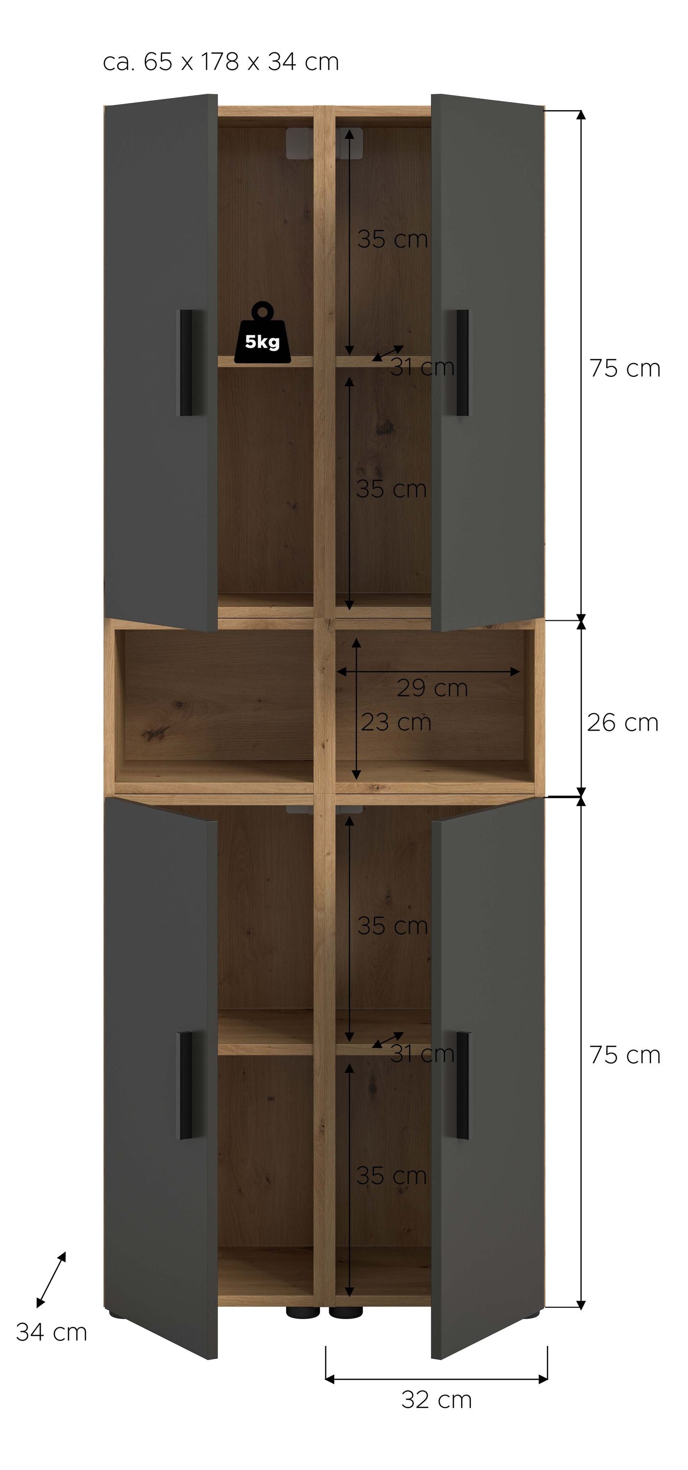 Wall Unit THE ONE (W/H/D: approx. 65/178/34 cm) in Artisan Oak finish/Smoke Green