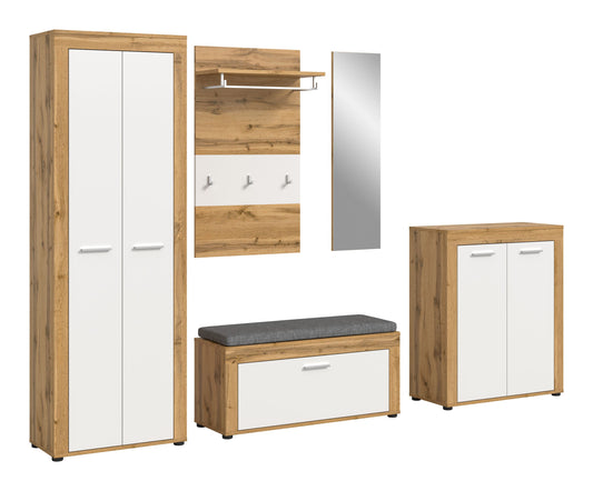 Garderoben-Set mit 2 Schränken, Bank mit Sitzkissen und Wandregal, Eiche/weiß