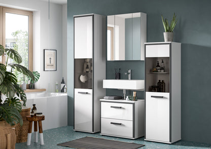 Schmales Badmöbelset in Weiß-Hochglanz: Spiegelschrank, Waschtisch-Unterschrank, Hochschrank