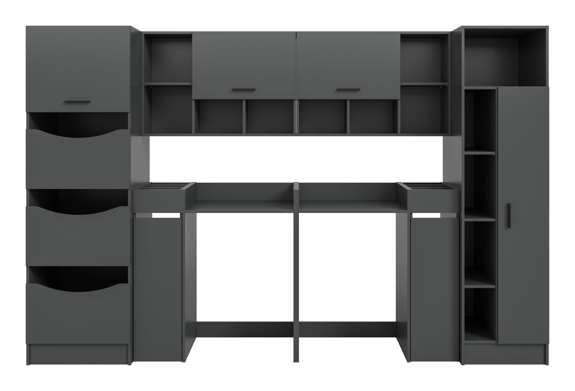 Waschmaschinenschrank-Set dunkelgrau mit offenem Mittelbereich und seitlichen Fächern, zwei Türen.