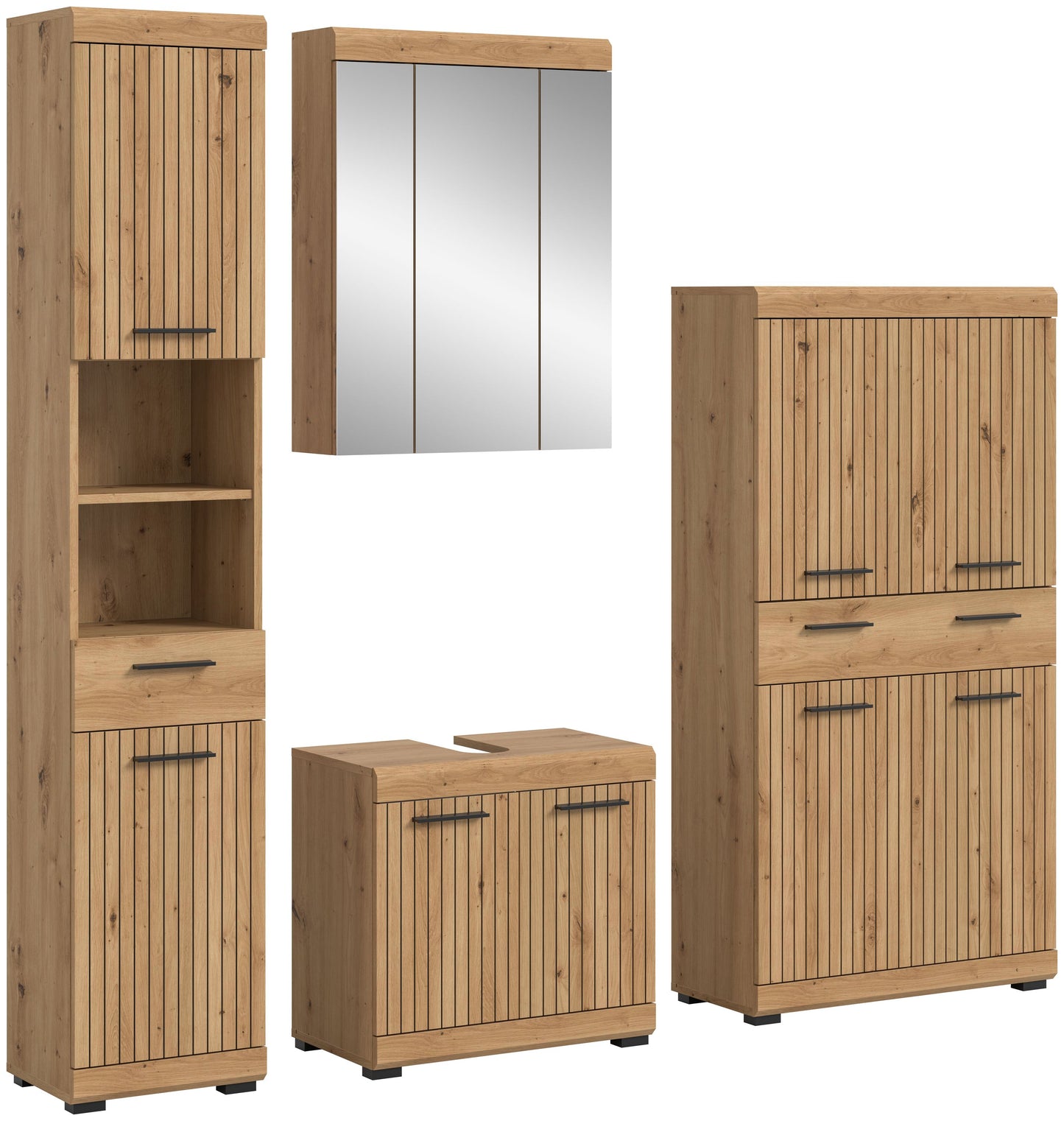 Badezimmerset im Holzdesign mit Spiegelschrank, Waschtischunterschrank und Regalfach