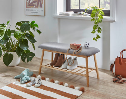 Shoe Bench Skandi with Solid Wood Frame & Grey Upholstered Seat