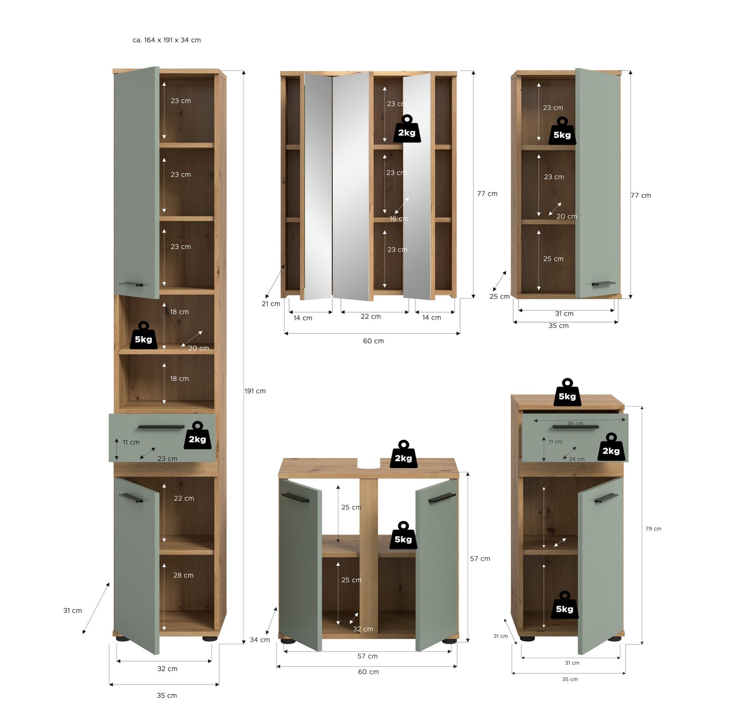 Badmöbel-Set mit Maßen: Hochschrank, Spiegelschrank und Unterschrank, mintfarbene Fronten.