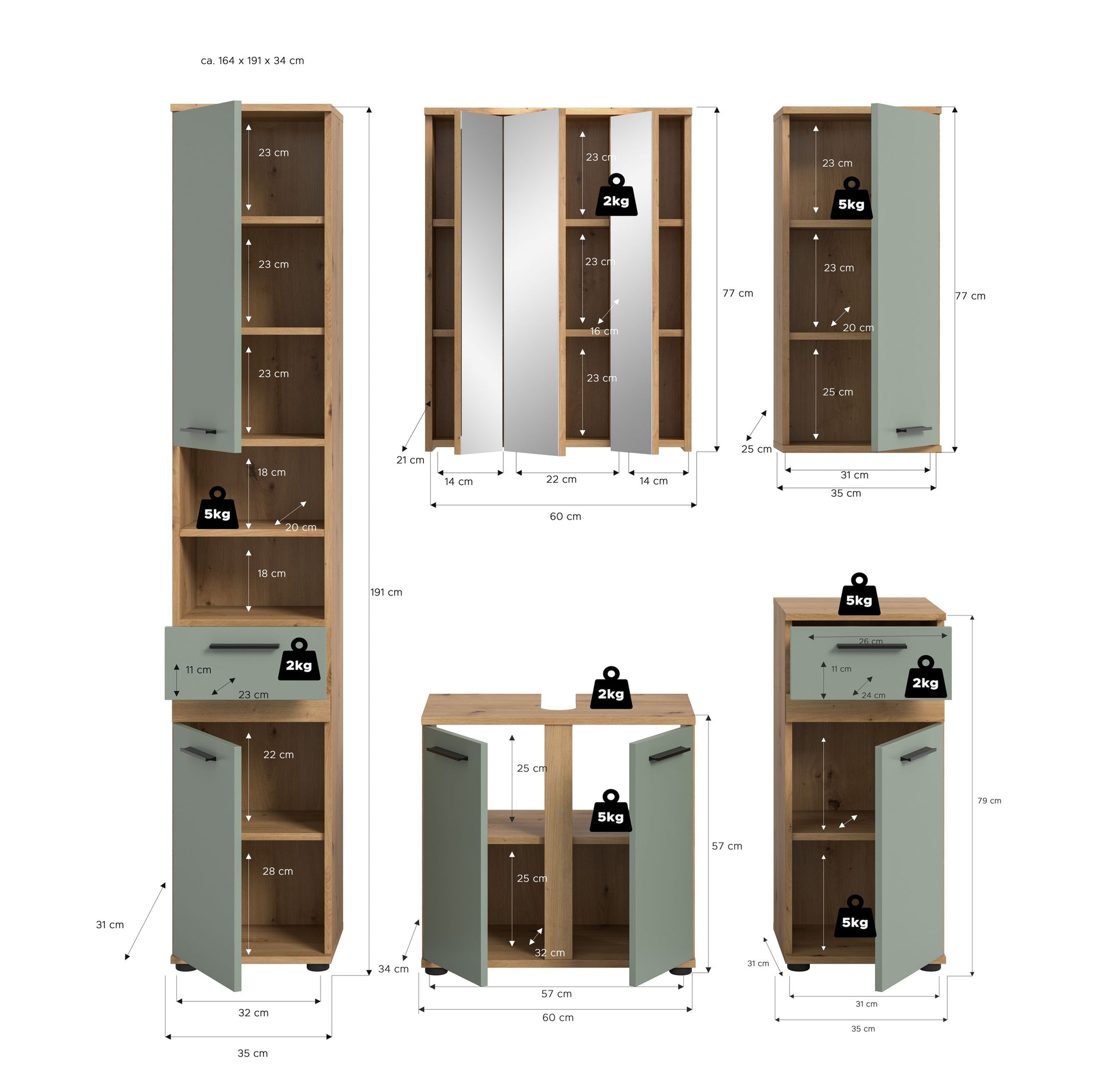 Badmöbel-Set mit Maßen: Hochschrank, Spiegelschrank und Unterschrank, mintfarbene Fronten.
