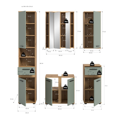 Badmöbel-Set mit Maßen: Hochschrank, Spiegelschrank und Unterschrank, mintfarbene Fronten.