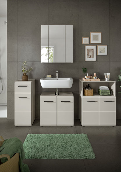 Badmöbel-Set mit Spiegelschrank, Waschbecken und Unterschränken in weißer Optik