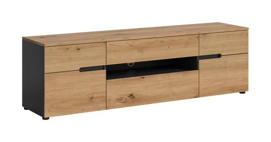 Lowboard aus hellem Holz mit schwarzen Seiten, zwei Klappen und Schublade, Griffstange