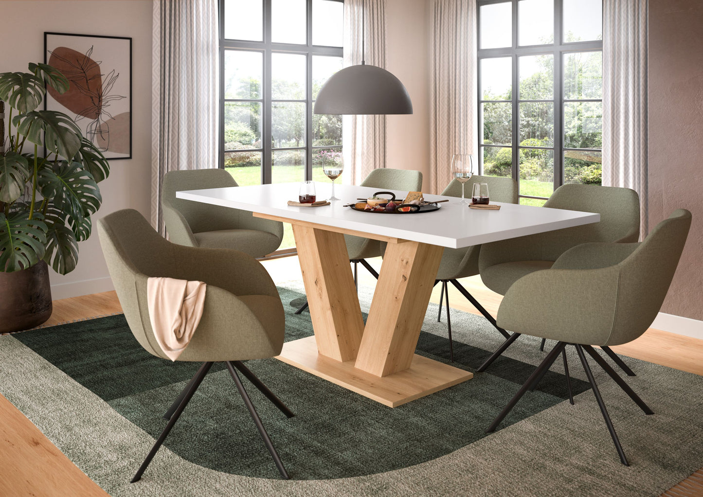 Esstisch mit weißer Platte und X-Gestell aus Holz, rechteckig