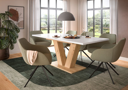 Esstisch mit weißer Platte und X-Gestell aus Holz, rechteckig