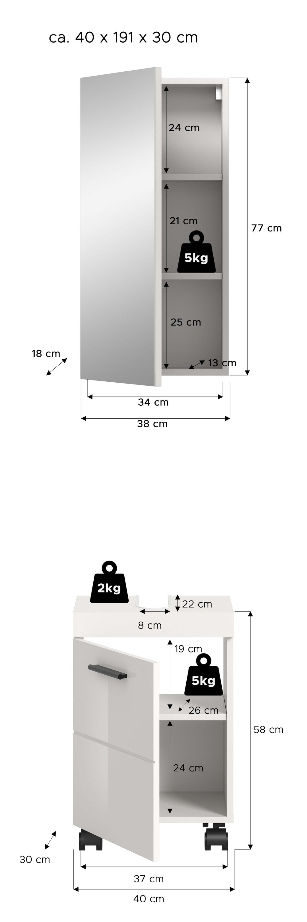 Ensemble de salle de bain NOVA (l/h/p : env. 40/191/30 cm) en blanc/blanc brillant